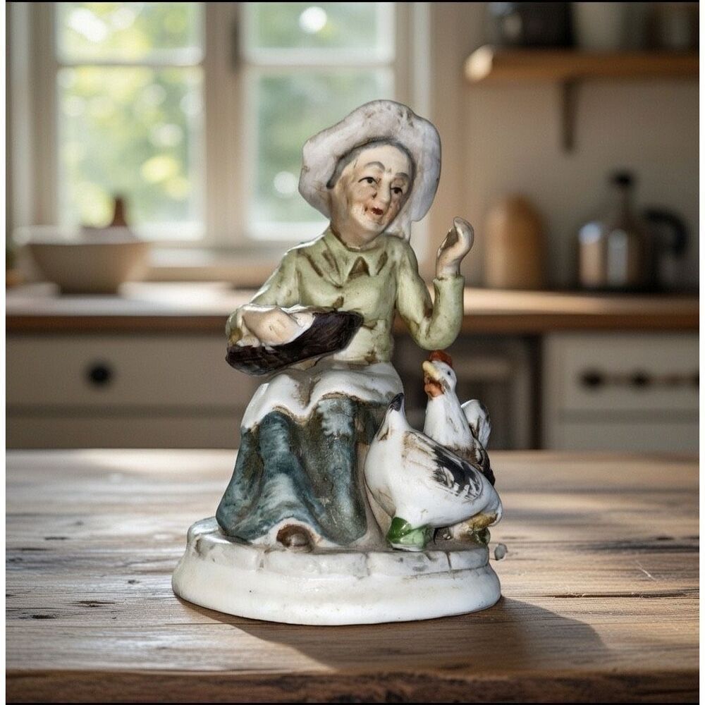 VINTAGE FIGURINE LADY WITH CHICKENS AND EGG BASKET